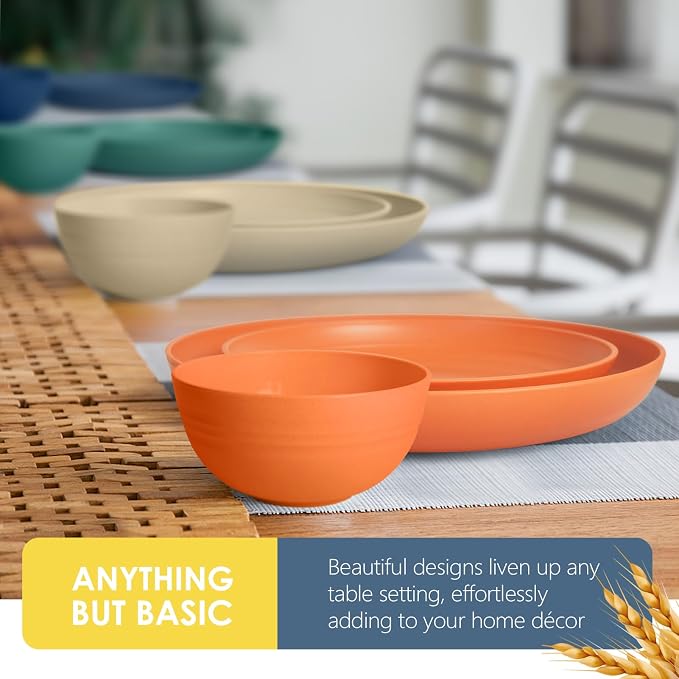 Teivio 32-Piece Plates and Bowls Sets for 8,Colorful Kitche Dinnerware Sets | 13.5oz Cups, Plastic Wheat Straw Unbreakable Dish Set, Dishwasher Safe, for Outdoor Camping RV Apartment Essentials Plate Set