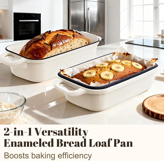 Enameled Cast Iron Sourdough Bread Dutch Oven, Cast Iron Loaf Bread Pan for Homemade Bread Baking, 2PCS 8.5 x 4.5 Inch Meatloaf Pan with Lid, Oven Safe, Cream