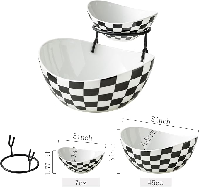 Miamolo Tiered Serving Bowls, Chip and Dip Serving Set, Hosting Essentials | Serving Platters and Tray for Appetizer, with Removable Stand, Party Entertaining, Black White Checkered, Microwave Oven Safe