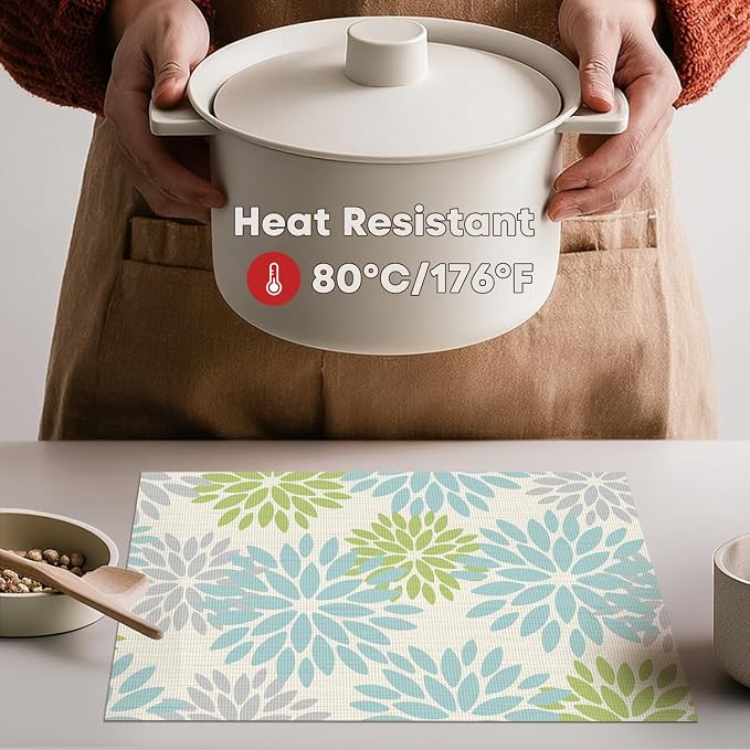 Artoid Mode Floral Vinyl Plastic Placemats Set of 4, 12x18 Inch Washable Non-Slip PVC Place Mats for Party Kitchen Dining Decor, Sage
