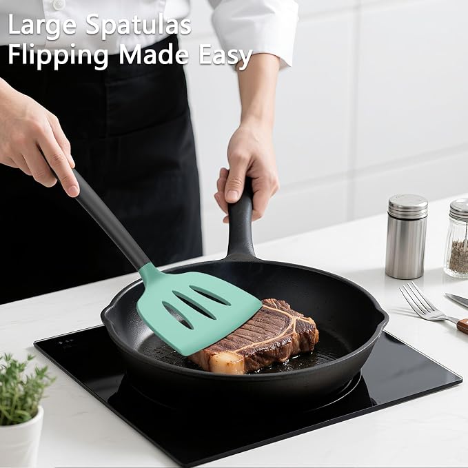 Coukre 3 Pack Silicone Spatula Set, Heat Resistant to 500°F, BPA-Free | Fish Spatula, Solid & Slotted Turners, Dishwasher Safe, Spatula Set for Eggs, Pancakes, Fish & Burgers, AquaGreenBlack