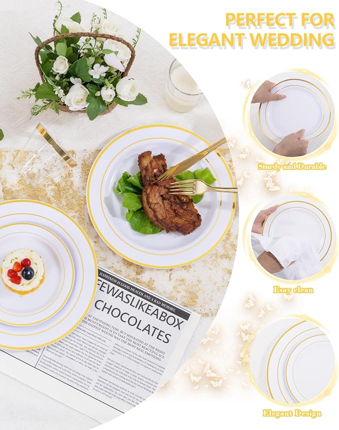 GATHER 700PCS Gold Plastic Dinnerware Set for 100 Guests for Wedding Party | White and Gold Disposable Dinnerware Sets include 200 Plate, 300 Silverware, 100 Cups, 100 Napkins for Anniversary