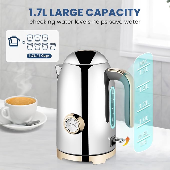 SUSTEAS 57oz Electric Kettle with Thermometer, Hot Water Pot, Glossy Silver | Electric Tea Kettle for Boiling Water, 1500W Stainless Steel Pot, Cordless LED Indicator, Auto Shut-Off & Boil Dry Protection