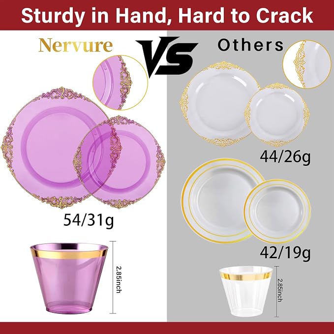 Nervure 175Pcs Purple Plastic Plates, Plastic Dinnerware Set for 25 Guests | 25 7.5" Dessert & 25 10.25" Dinner Plastic Plate, 75 Silverware, 25 Cups, 25 Napkin for Wedding & Party, BPA-free, Heavy-duty
