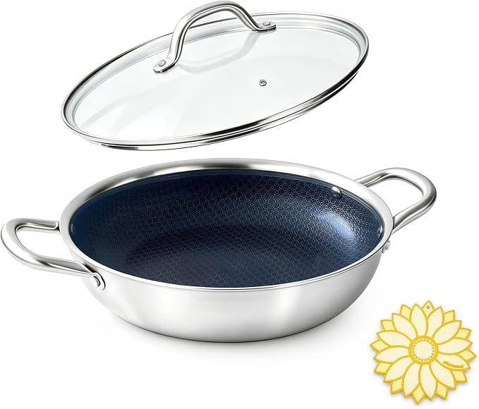 BRASA Nonstick Deep Frying pan with lid,10.24in/3QT,Stainless Steel Saute Pan,nonstick Cookware,Compatible Gas,Electric & Induction,Dishwasher safe PFOA Free(10.24in+5.9in trivet) Dual Handles