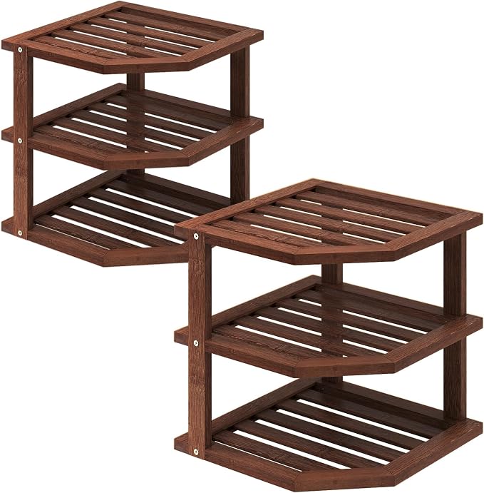 VERTORGAN 3 Tier Bamboo Dish Drying Rack,Corner Shelf 2 Pack(Brown) | Pantry Storage,Dish Rack,Spice Rack,Corner Organizer,Kitchen Counter Shelves,Kitchen Storage,Holds Plates