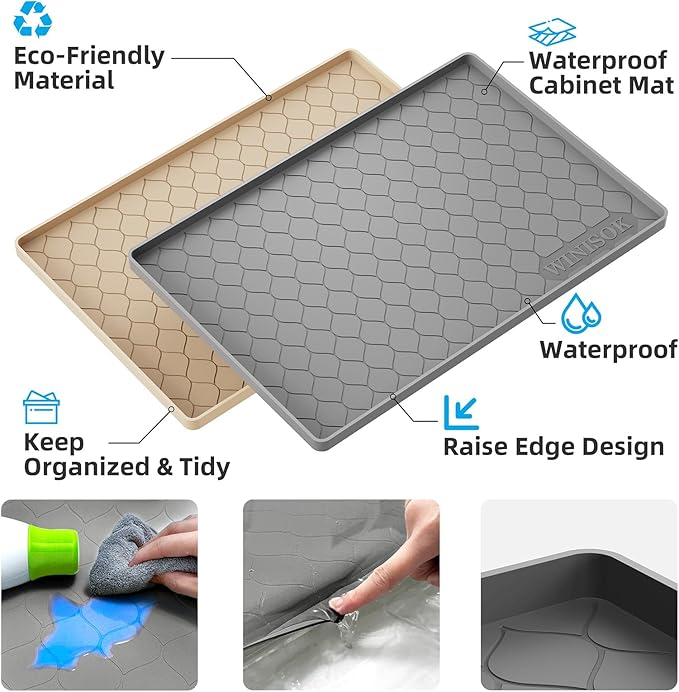 Winisok Waterproof Under Sink Mat 40" x 19", Silicone Mat, Light Gray | Raised Edge Traps Spills & Leaks, Shelf Liner, Cabinet Protector, for Kitchen, Bathroom, Boots, Pets, Home Essentials