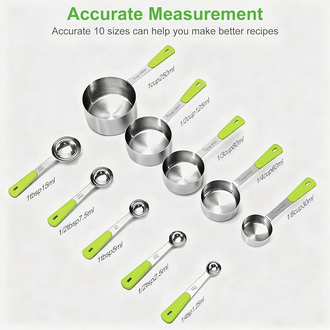 Bopei Measuring Cups and Spoons Set Stainless Steel 10 Piece for Cooking and Baking (5 Cups + 5 Spoons, Green Handle)