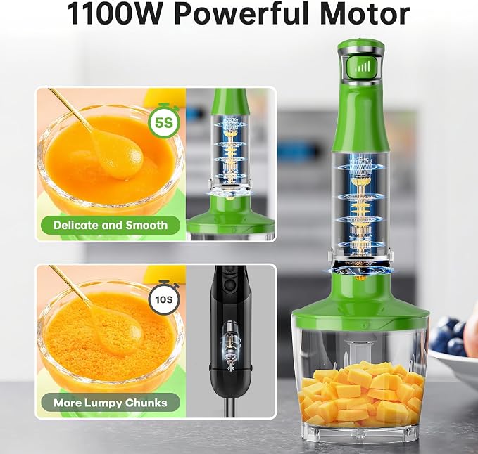 Turelar Immersion Blender Handheld Corded Hand Blenders Set 1100W, Trigger Variable Speed 5 in 1 Stick Emulsifier with Chopper, Whisk and Frother for Soup, Baby Food and Smoothies, Apple Green