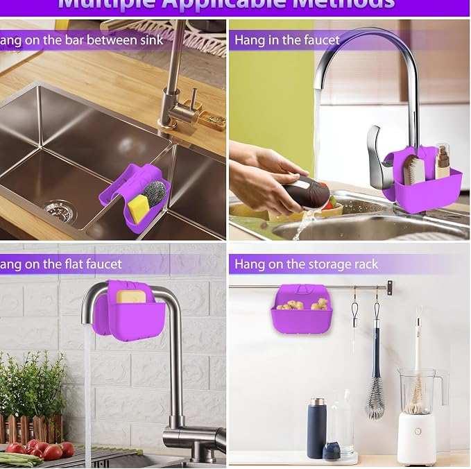Sponge Holder for Kitchen Sink, Silicone Sink Saddle Caddy Organizer Rack, Sponges Holder Over Faucet, Hanging Kitchen Organizer Accessories Rack Basket - Purple