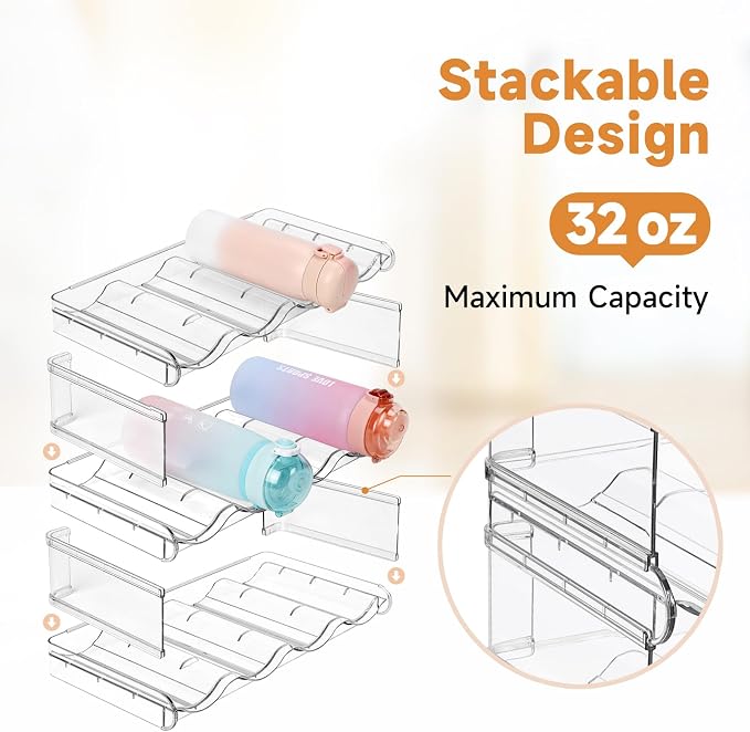 Stackable Water Bottle Organizer Large Compartment Water Bottle Holder | 3 Tier Water Bottle Organizer for Cabinet, Water Bottle Rack for Kitchen Organization and Storage - Hold 12 Bottles