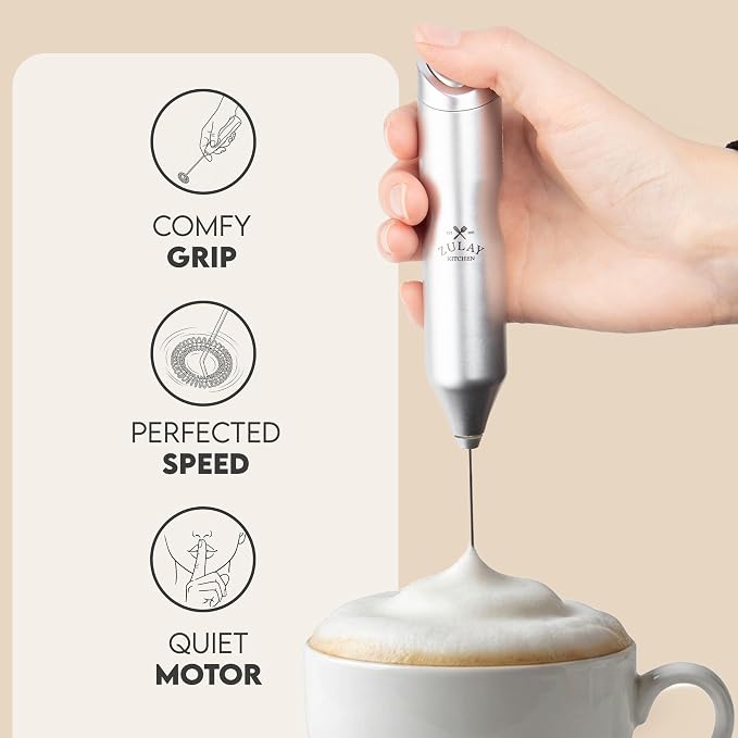 Zulay Kitchen Powerful Frother Wand AA Batteries Included, Ultra Fast Handheld Drink Mixer, Comfort Milk Frother, Stainless Steel Whisker, Frother Handheld for Coffee, Protein & Matcha - Frothmate 2.0