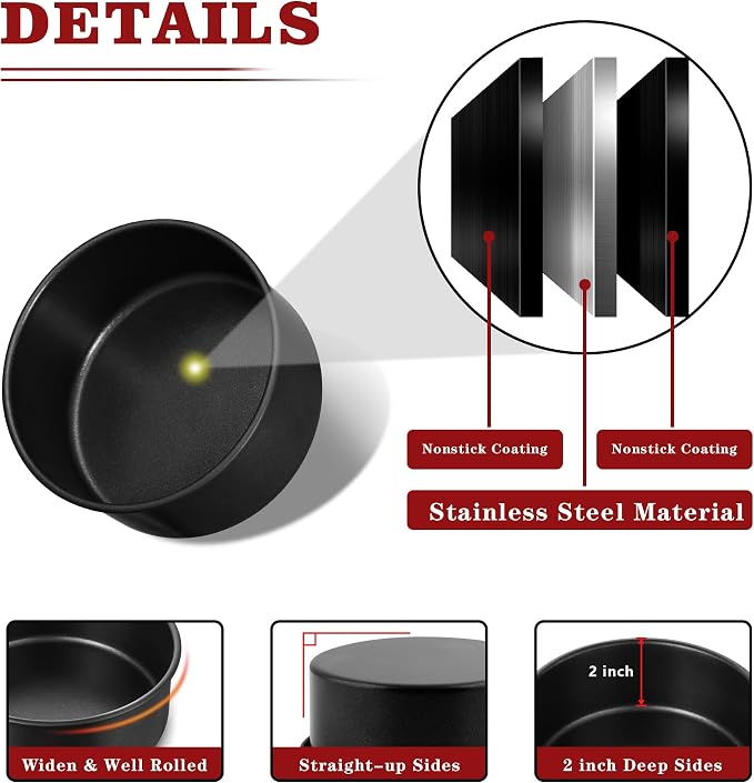 E-far 5 Inch Cake Pan, 3PCS Nonstick Stainless Steel Small Baking Cake Pans | Round Smash Baking Tins Bakeware for Birthday Layer Cake/Cheesecake, Straight Side & Non-Toxic, Leakproof & Easy Clean