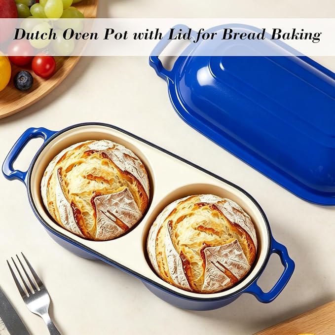 Double Dutch Oven for Sourdough Bread Baking, Enameled Cast Iron Bread Pot with Lid, Double Round Loaf Space, 500F Oven Safe, Non Stick Mini Loaf Pans for Homemade Cake Meatloaf
