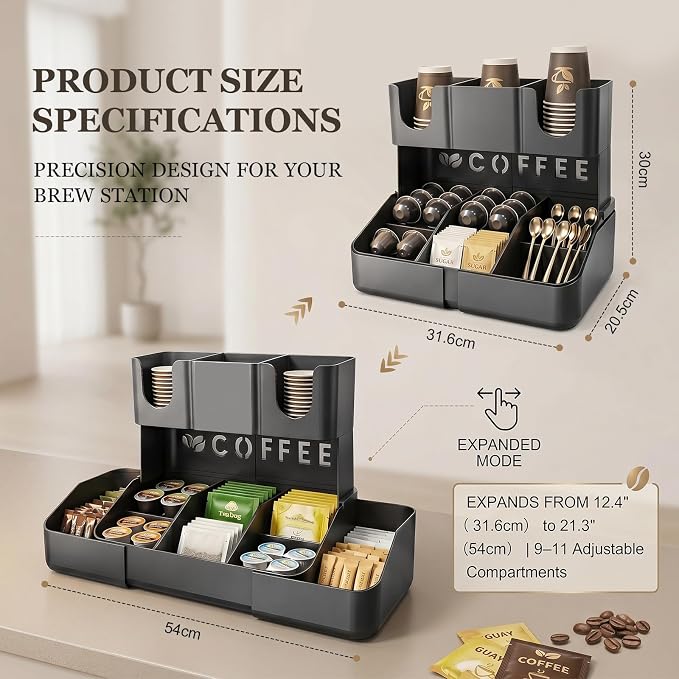 Expandable 2 Tier Coffee Station Organizer, Coffee Bar Organizer with 11 Compartments & Cup Holder Rack, Coffee Pod Holder for K Cups, Tea Bags, Sugar Packets, Countertop Coffee Accessories Storage