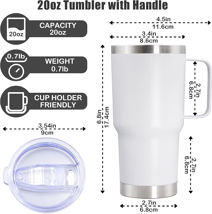 20 oz Tumbler with Handle Coffee Tumblers with Lid Travel Mug White 6P | 20oz Tumblers with Handle Double-Wall Insulated Vacuum Coffee Mugs Stainless Steel Tumbler with Handles&Lid White 6P