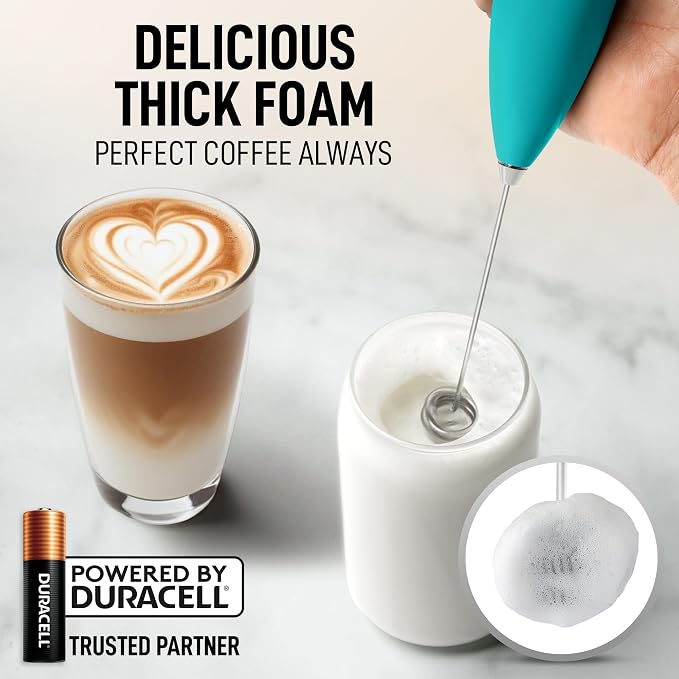 Zulay Kitchen Powerful Milk Frother Wand With Duracell Batteries - Ultra Fast Handheld Drink Mixer - Electric Whisk Foam Maker for Coffee, Lattes, Cappuccino & Matcha - Double Whisk - Caribbean Aqua
