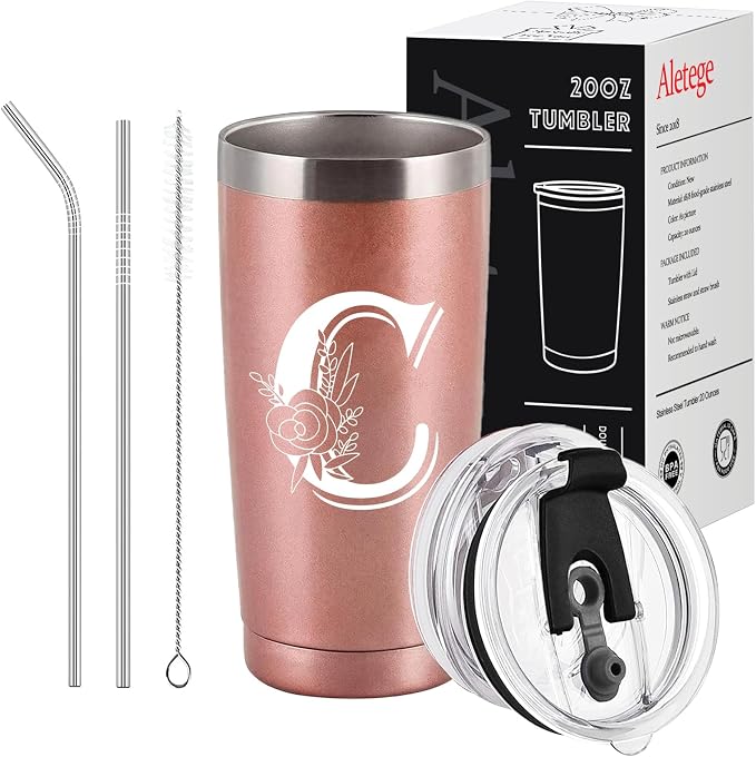 Letter C Insulated Travel Cup with Lid, Personalized Initial Mugs for Women, Letter C Gift Coffee Mugs for Women, Wife, Mom, Grandma, Bridal Shower Gifts, 20 OZ Rose Gold Two Lids