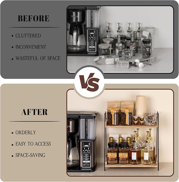 ANBOXIT Countertop Coffee Station Organizer, 2 Tier Wooden Shelf | for Coffee Bar Accessories, Condiment Storage Caddy for Kitchen, Home, Office - Brown