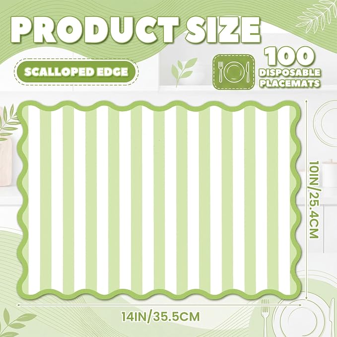 100 Pcs Green Stripe Paper Placemats 14 x 10 Inch Scalloped Checkered Place Mats Disposable Paper Kitchen Place Mats for Spring Party Home Dining Table Decor Wedding Bridal Shower