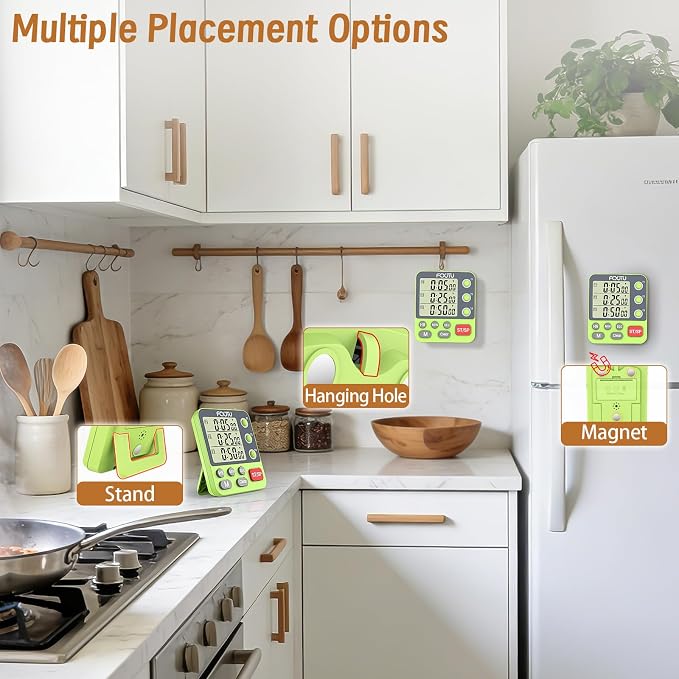 Digital Dual Kitchen Timer, Multi-Channel Magnetic Countdown for Cooking | 3Groups Triple Independent Countup Timer, Memory Presets, Loud Alarm & Mute, Large Display, 3A Battery & Stand Included
