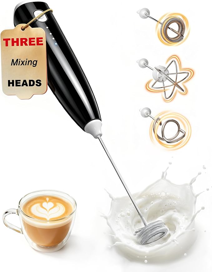 Milk Frother Handheld,Portable Electric Drink Mixer&Wand,Egg Whisk-Black | USB C Rechargeable | 3 Detachable Whisks | 3 Adjustable Speeds | Quiet Operation | For Coffee, Latte, Matcha,protein powder