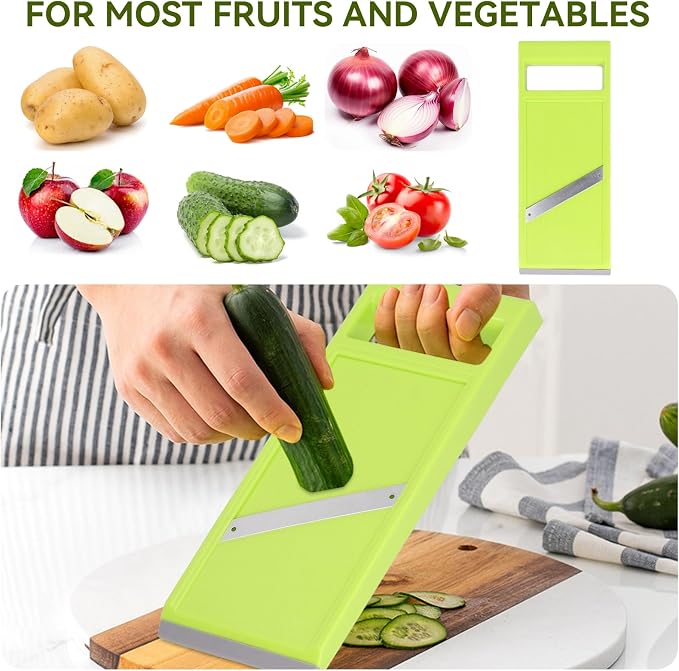 Handheld Potato Slicer & French Fry Cutter, Stainless Steel Manual Vegetable Slicer for Chips Homemade Fries Carrots Zucchini Easy Grip Green Slicer Chip Maker (4.25x10.8in)