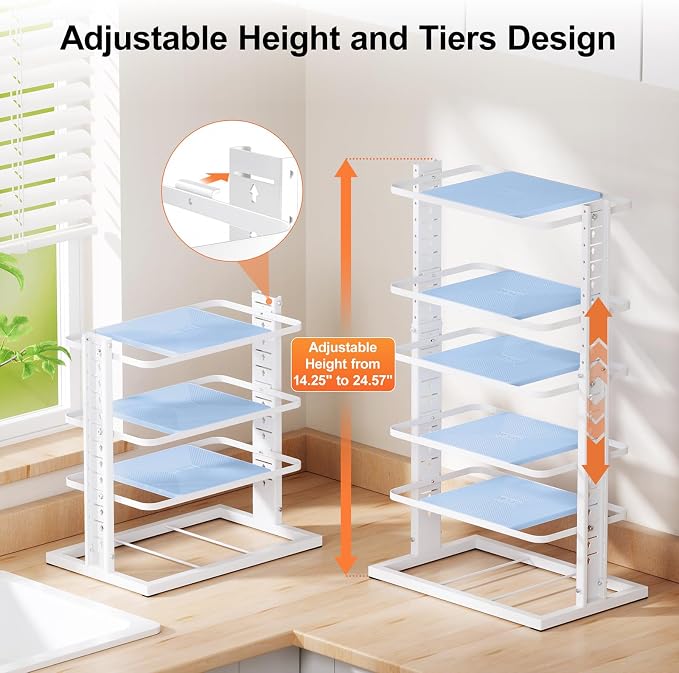 LAMU Pots and Pans Organizer for under Cabinet, 6-Tier Heavy Duty Pan Pot Organizers inside Cabinet Adjustable 14 to 24.57", Pot Rack Kitchen Cabinet Organization and Storage Holds up to 12" Cookware