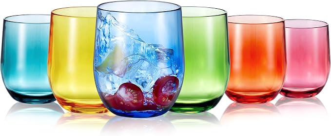 14-ounce Plastic Stemless Wine Glasses, All Purpose Arcylic Glasses, set of 6 Multicolor Reusable Shatter-resistant Dishwasher Safe