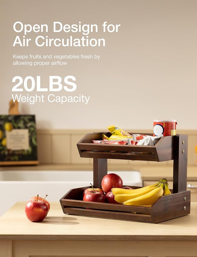 HOLANA Acacia 2 Tier Fruit Basket, Sturdy, Easy Assembly (Walnut color) | Solid Acacia Wood, Non-slip Pads, 20LBS Capacity, Slatted Design, Multi-Purpose Storage for Fruit & Vegetable, Pantry Bin