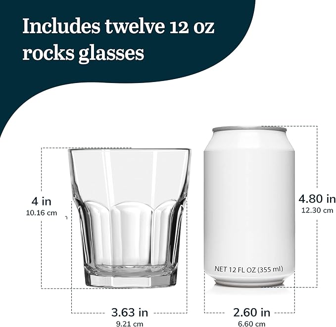 Libbey Gibraltar DuraTuff Drinking Glass Drinking Cup Set, Iconic Heavy Base Bar Glassware Thick Drinking Glasses Set of 12, 12-Ounce Double Old Fashioned Rocks Glasses