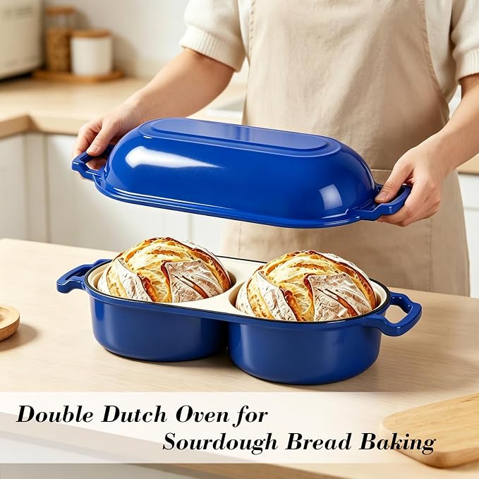 Double Dutch Oven for Sourdough Bread Baking, Enameled Cast Iron Bread Pot with Lid, Double Round Loaf Space, 500F Oven Safe, Non Stick Mini Loaf Pans for Homemade Cake Meatloaf