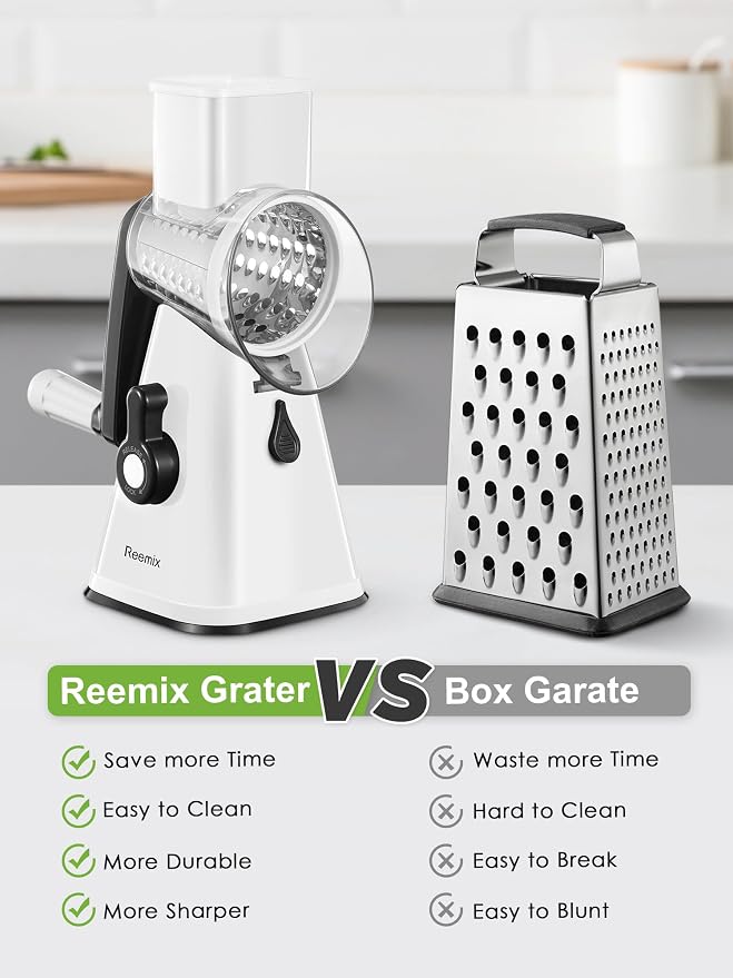 Rotary Cheese Grater with Handle, Reemix Vegetable Cheese Grater | Shredder Slicer Grater for Kitchen 3 Changeable Blades for Cheese Potato Zucchini Nuts Chocolate (White)