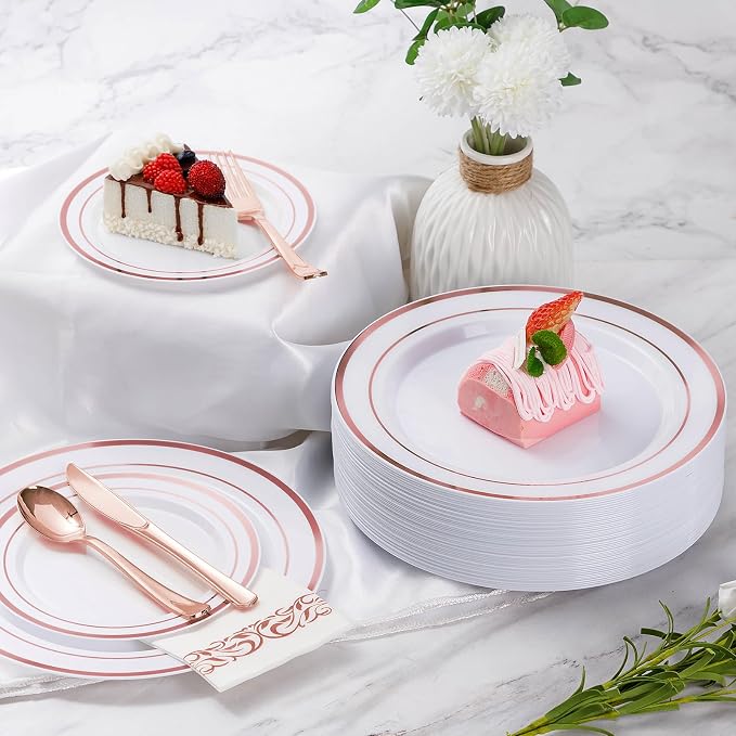 350 Pcs Rose Gold Disposable Party Dinnerware Sets for 50 Guests | Plastic Plates Disposable Include: 50 Dinner Plates, 50 Dessert Plates, 50 Paper Napkins, 50 Cups, 50 Silverware Set