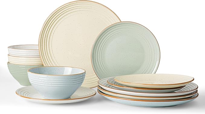 Famiware Jupiter Plates and Bowls Sets with Rim, Stoneware Dinnerware for 4 | 12-Piece Ceramic Neutral Dishes, Speckled & Embossed Swirl, Chip & Scratch Resistant, Microwave & Dishwasher Safe, Multicolor