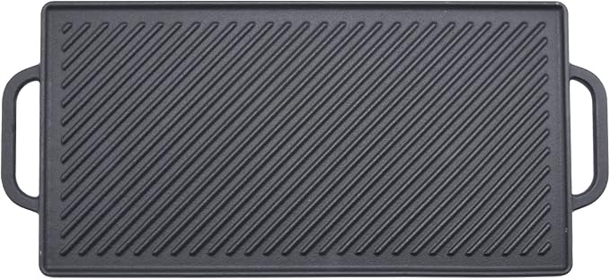 GGC Cast Iron Reversible Griddle | Double-sided Griddle Pan for Stove Tops and Gas Grills, 17"x 9" Rectangle Griddle Plate with Flat and Ribbed Side for Cooking