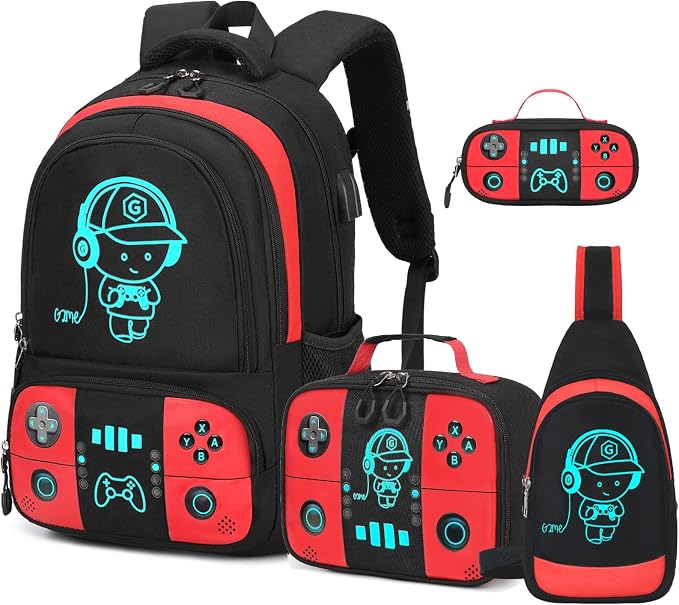 Backpack for School Boys, Cool Luminous Gamer Boys Schoolbag | with Lunch Box & Pencil Case Set for Kids Teens Elementary Middle School, Bookbag Glow In The Dark