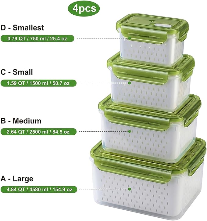 Fruit Storage Containers for Fridge with Removable Colander, Food Storage Containers with Lids, Dishwasher & Microwave Safe, Keep Berry Fruit Vegetable Meat Fresh Longer (Clear Body/Green Lid)