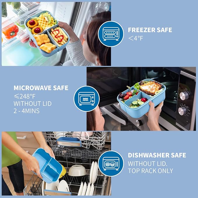 MISS BIG® Large Bento Lunch Box for Adults, 1900ml, 3 Compartments, Blue | Blue 1900ml adult bento lunch box for work lunch, office meal prep, picnic basket, and travel meals.