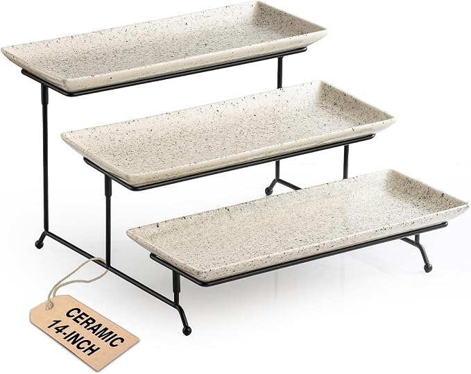 LAUCHUH 3 Tier Serving Trays for Party, Porcelain Tiered Serving Tray Stand | 14 inch Serving Platters with Collapsible Sturdier Rack Serving Plates for Halloween Thanksgiving Christmas, Speckled Glaze