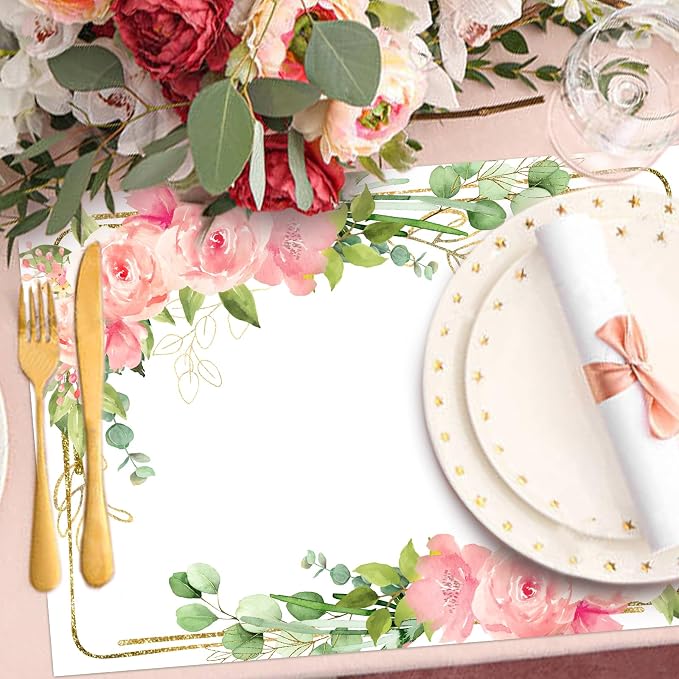 Paper Placemats Disposable 50 Pack Floral Placemat Disposable | Spring Summer Decorative Paper Table Mat for Wedding Anniversary Bride Birthday Party Supplies - Pink Rose