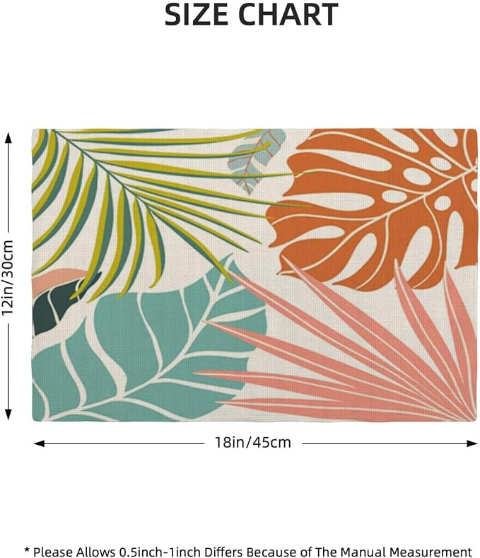 Palm Leaf Placemats Set of 4, Green Blue Coral Tropical Leaf Decorative Table Mat 12 x 18 Inch Heat Resistant Non Slip Line Fabric Summer Place mat for Holiday Party Kitchen Dining Decor