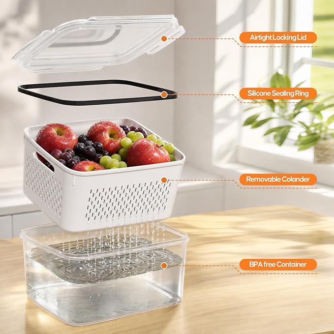 JSCARES Fruit Storage Containers for Fridge - 5 Pack Produce Storage Containers with Removable Colander, Food Organization Keep Fruits Berry Veggie Salad Meat Fresh Longer, Dishwasher Safe