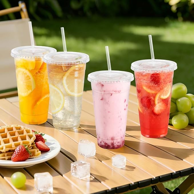 Clawsoff 100 Pack 24 oz Disposable Clear Plastic Cups with Lids and Straws | Leak-Proof Sturdy Cold Drink Cups for Iced Coffee, Smoothies, Juice, Parties & Business