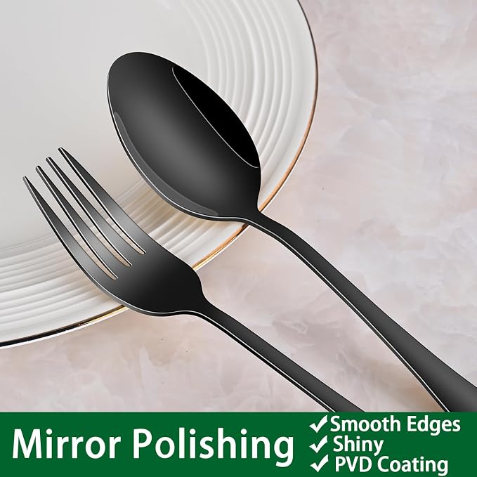 24-Piece Black Silverware Set with Steak Knives, Black Flatware Set for 4, Food-Grade Stainless Steel Tableware Cutlery Set, Mirror Finished Knife Spoon And Fork Sets for Home Restaurant