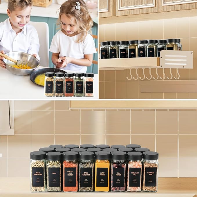 Spice Jars with Label，4oz Glass Spice Bottles With Shaker Lids，Seasoning Containers with Funnel, Chalk Pen for Cabinet，Drawer，Rack (Black, 48)