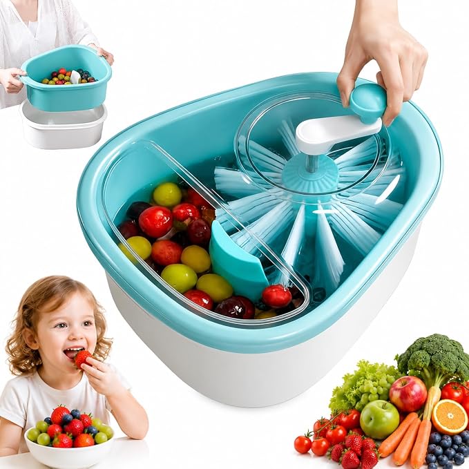 Fruit Cleaner Spinner, Manual Fruit and Vegetable Washer Cleaner with Crank Handle,Large Fruits Washer Spinner with Brush,Vegetable Scrubber for Berries, Grapes, Salad, Produce Scrubber