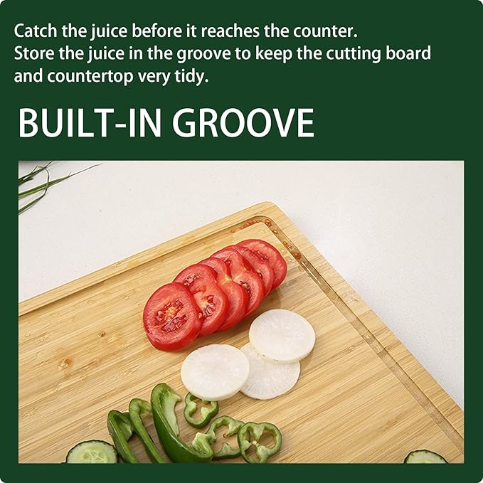 GarveeHome 24 in Extra Large Bamboo Cutting Board for Kitchen, Heavy Duty Wood Kitchen Stovetop Cover Chopping Board with Side Handles and Juice Groove, 100% Organic Bamboo
