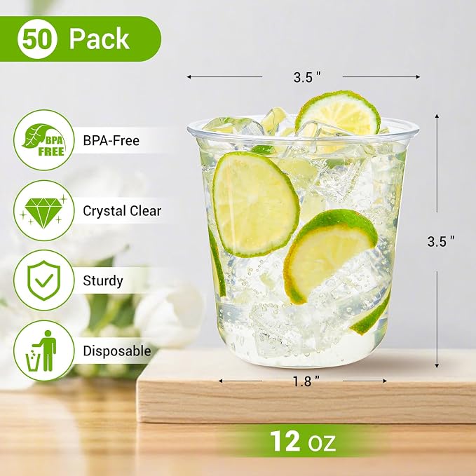 50 Pcs Round Bottom Plastic Cups, 12 oz Disposable Stemless Wine Glasses | Clear Plastic Cocktail Cups, Cold Drinking Party Glasses, For Wedding Gathering Birthday Meeting