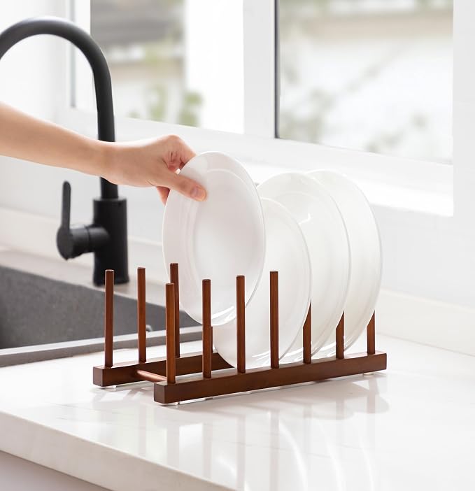 HBlife 2 Packs Teak Wooden Dish Drying Rack Kitchen Plate Organizer Holder | 6 Slots, Vertical Dish Racks for Cabinet Countertop & Wall, Plate Pot Lid Cutting Board Holder, Bowl Cup Drainer, Keep Dry
